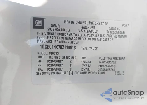 2008 Chevrolet Silverado 1500 Work Truck из США, поврежденный, VIN 1GCEC14X78Z119813